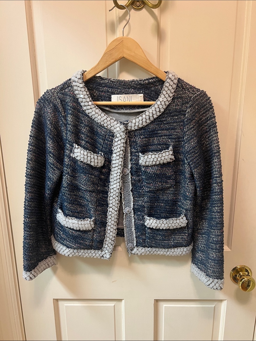 ISANI Navy Tweed Cropped Blazer with Contrast, Beaded Trim